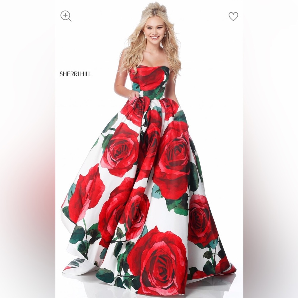 Sherri Hill Red and White Floral Prom Dress ROSES - Picture 3 of 16